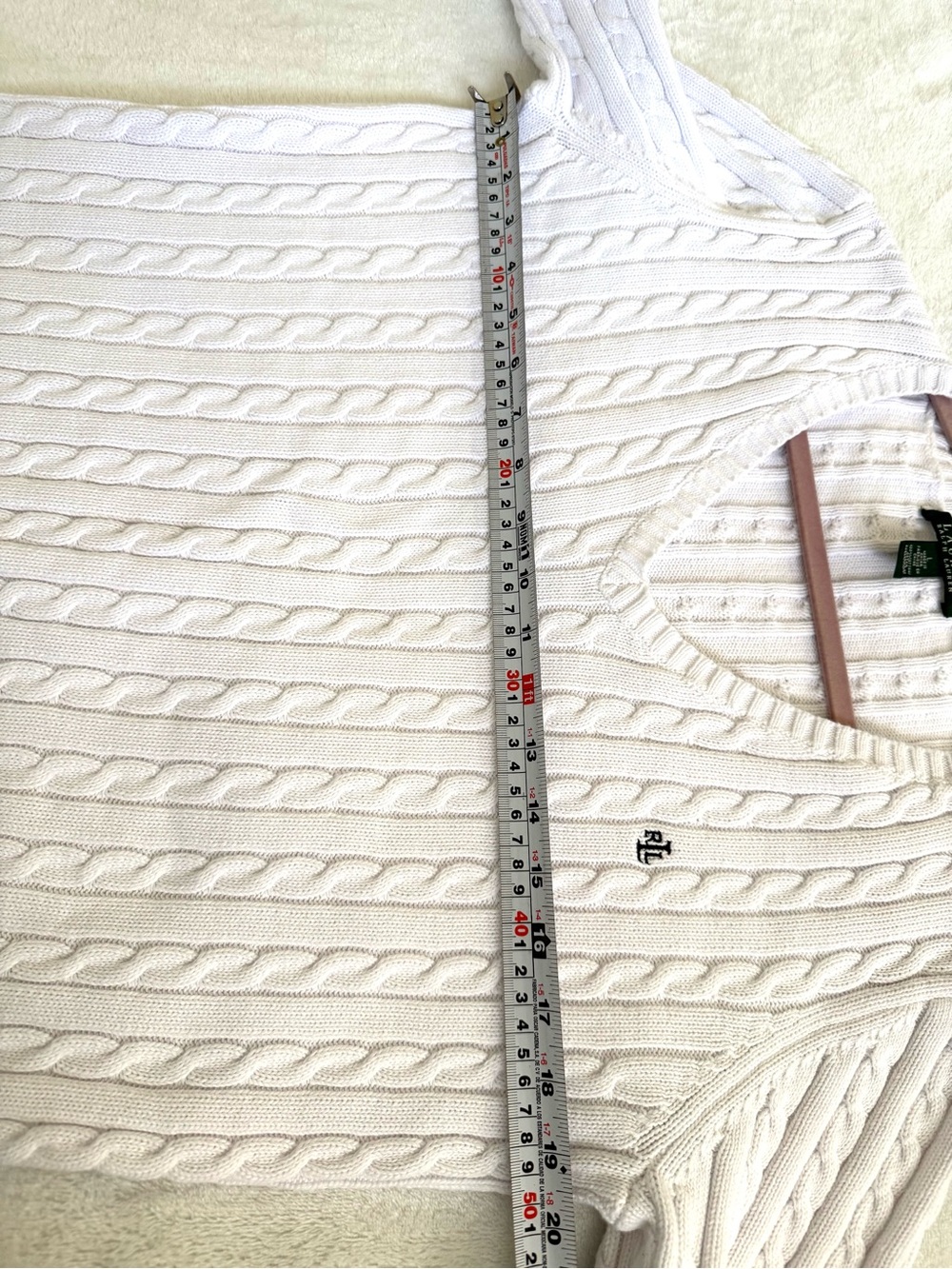 Lauren Ralph Lauren White Cable Knit V-Neck Sweater RL Logo Large - Picture 8 of 10